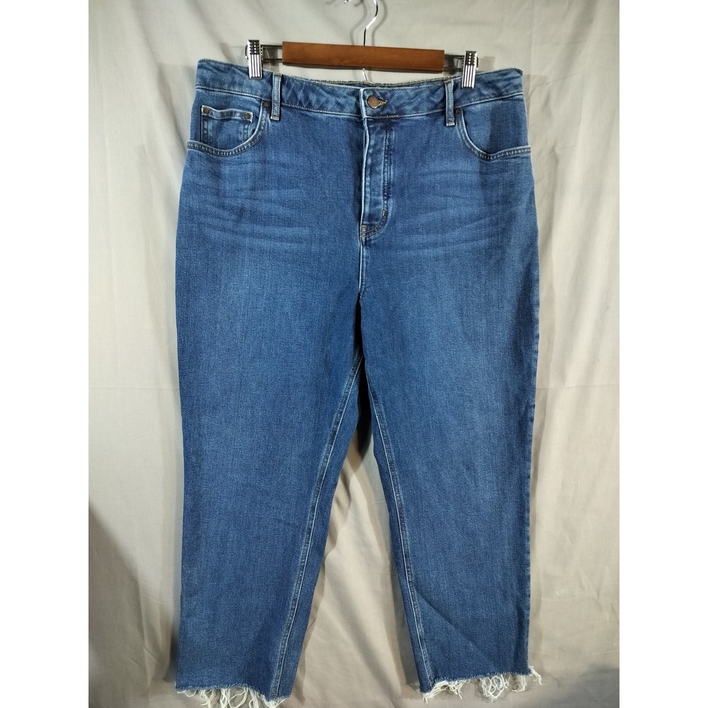 Boden Straight Jeans Women 16R Blue Frayed Hem Tuxedo Stripe Casual Denim